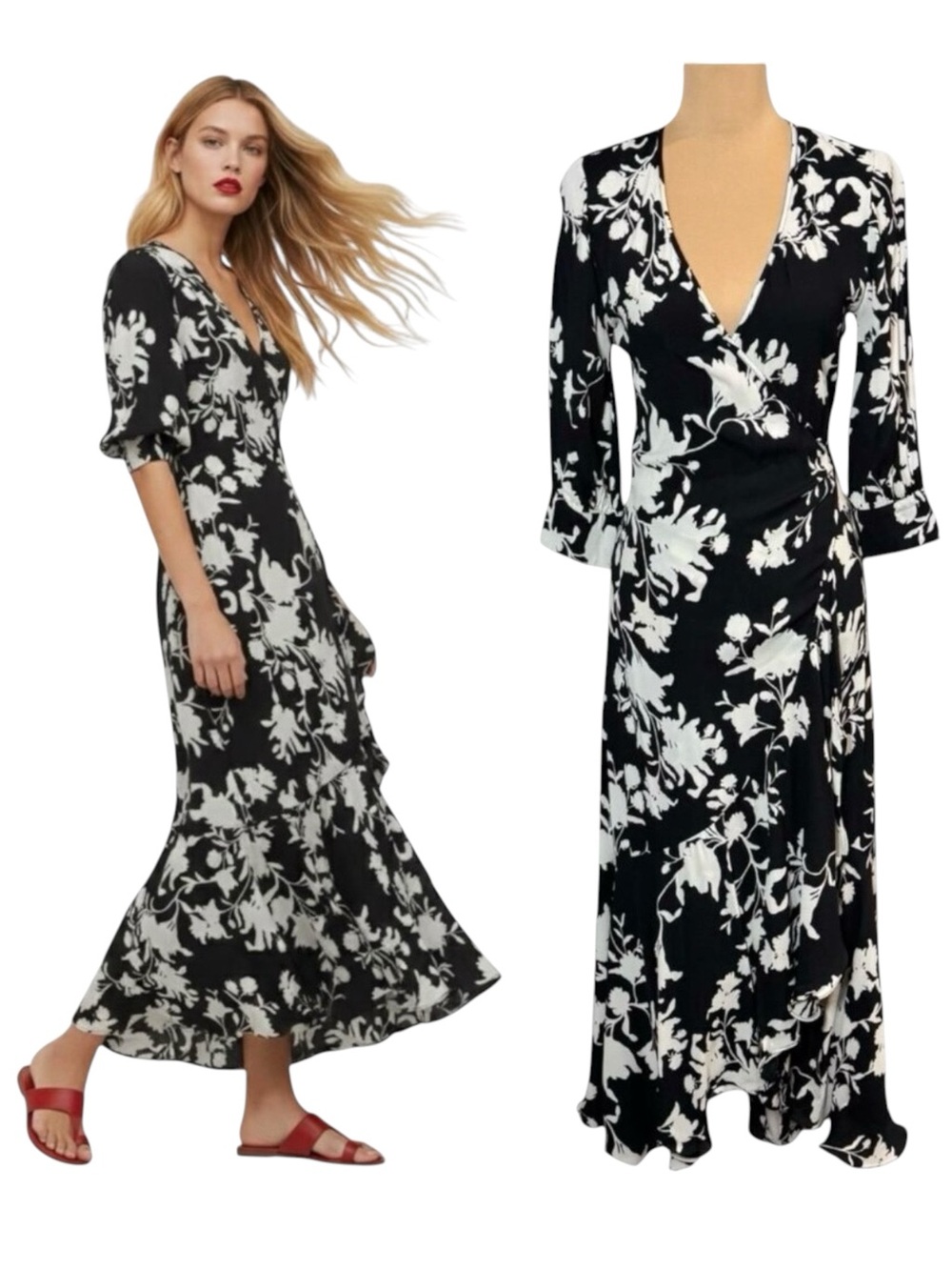 NWOT JOHANNA ORTIZ x H&M Wrap Maxi Dress Sz XS Black Floral Ruffle Blogger Fav